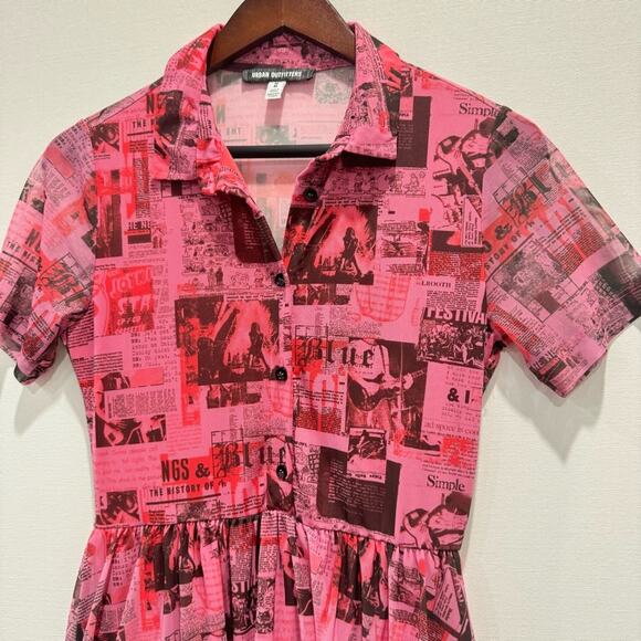 Urban Outfitters Neon Pink Medium Newsprint Sheer/ Lined dress Euro Summer - Picture 4 of 9
